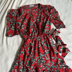 Loavies Red poppy puff sleeve wrap style dress.
